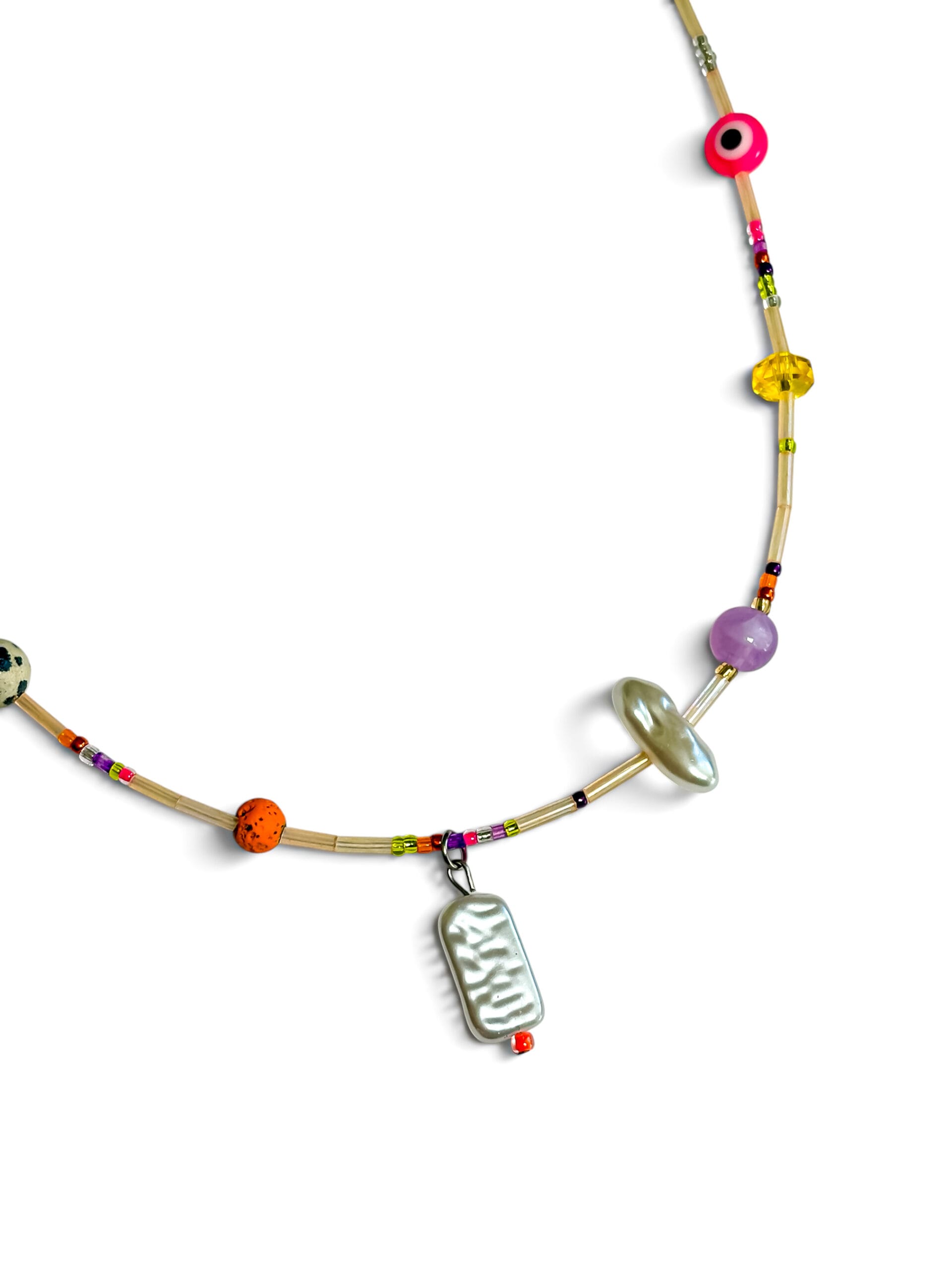 Kolorowy choker JellySpace Store z perełką, eye beads i geometryczną zawieszką w stylu playful
